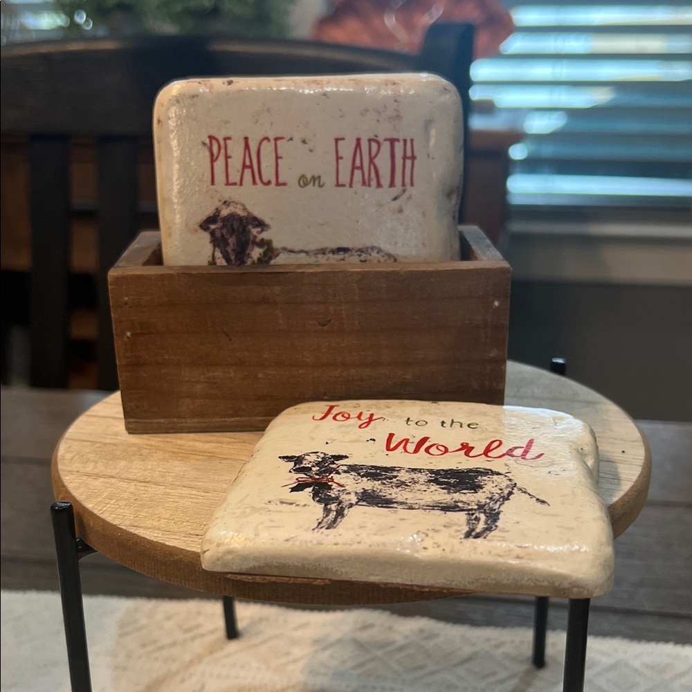Little E Studio Rustic Farm Animals Peace & Joy Coasters w/ Wood Box Holder